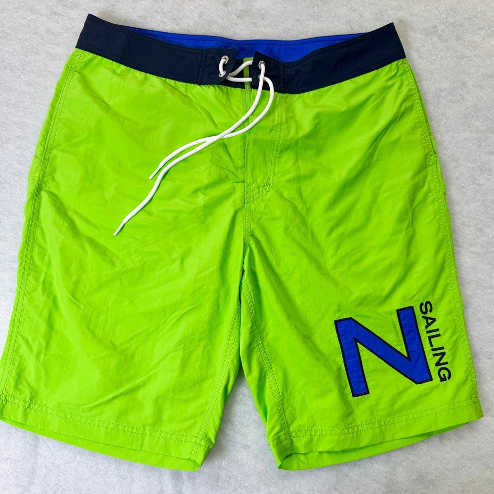 Nautica Sailing Swim Trunks Mens Medium 33 Board Shorts Lime Green‎ Navy Blue